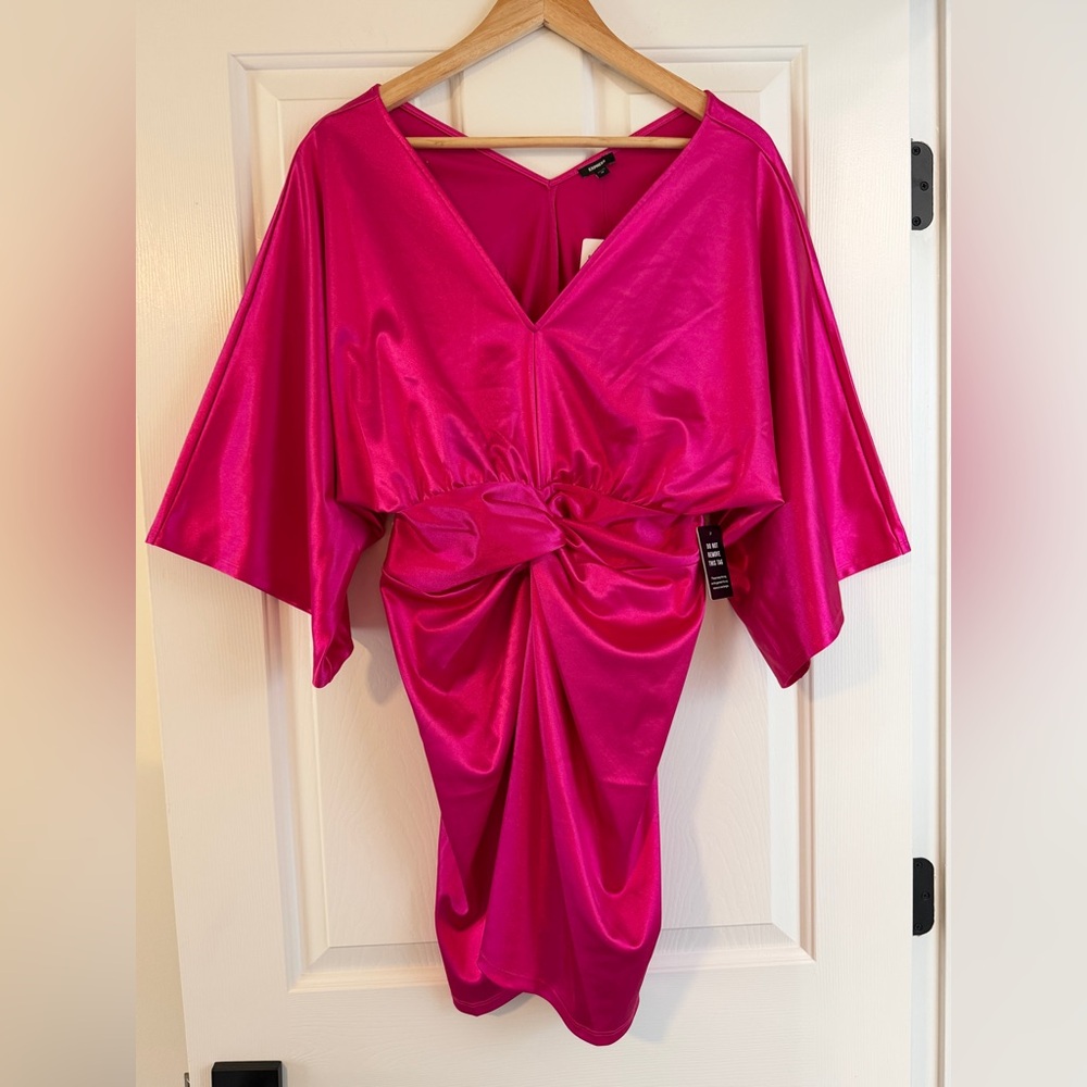 Express NWT Hot Pink Satin V-Neck Twist Font Kimono Sleeve Dress